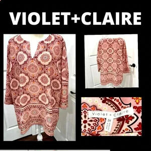 Violet + Claire Boho Print plus size Poly Tunic v- neck lightweight